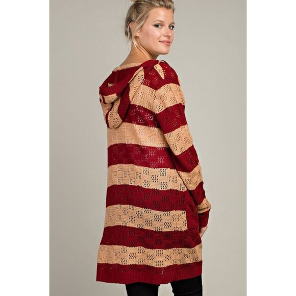 Open Knitted Striped Hooded Cardigan w/ Pockets - Picture 3 of 11